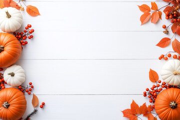 A white background with a row of pumpkins and leaves