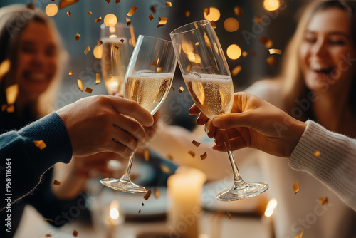 A group of people are holding up their wine glasses to toast photo