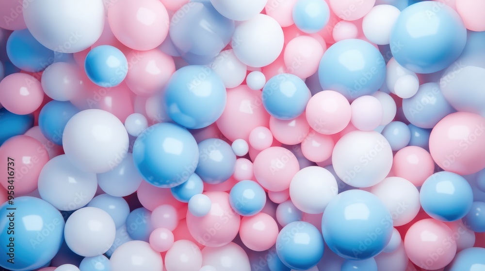 3D rendering of holiday party decorations featuring numerous pink blue and white balloons 3D rendering of holiday party decorations featuring numerous pink blue and white balloons