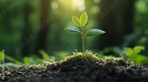 A vibrant green plant sprout pushes through the soil, illuminated by the warm light of the sun.