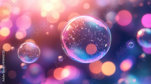 Bright and colorful soap bubbles with pink, blue, and purple hues, set against a beautiful bokeh background.