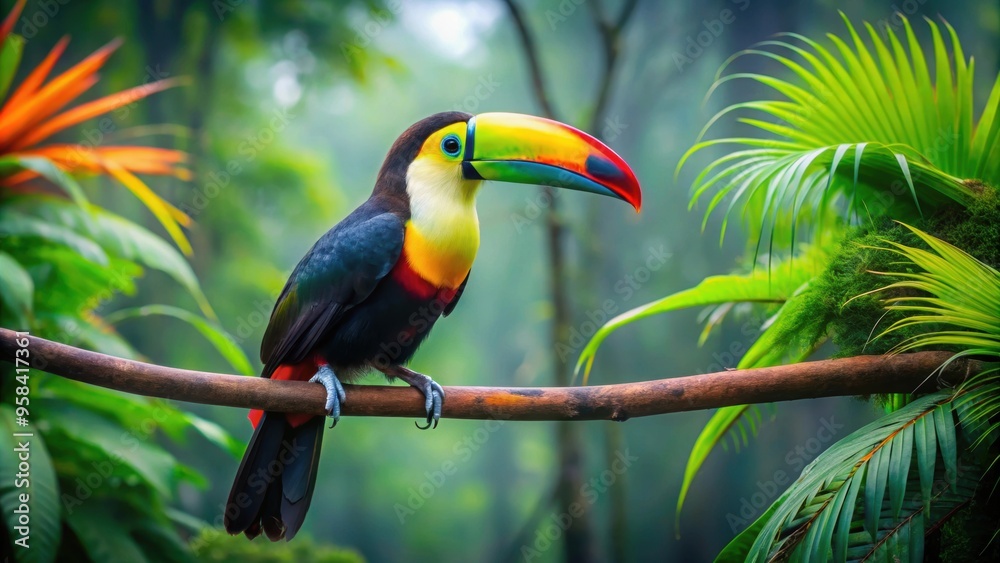 Naklejka premium Colorful toucan perched gracefully on a vibrant jungle branch, toucan, bird, colorful, exotic, tropical, wildlife, nature, branch