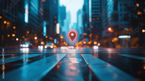 Futuristic urban environment with a red map pin on an augmented reality roadway.