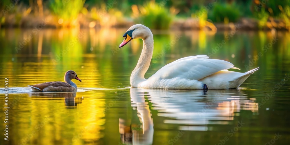 Swan and duck gracefully swimming together on a serene pond , wildlife, waterfowl, animals, nature, feathered friends, peaceful Swan and duck gracefully swimming together on a serene pond , wildlife, waterfowl, animals, nature, feathered friends, peaceful