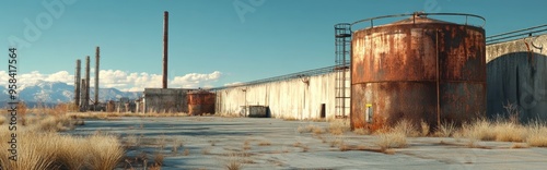 3D rendering of an old abandoned concrete plant featuring rusty iron tanks and metal structures symbolizing economic decline and the impact of halted production