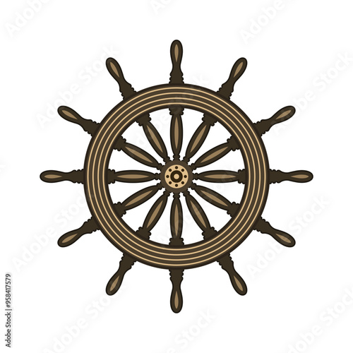 Wooden vintage steering wheels. Ship, sailboat or yacht retro wheel symbol. Nautical rudder icon. Marine logotype design element. Vector illustration