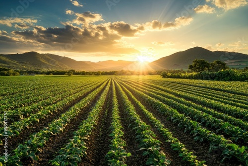 beautiful view in a green farm field with rows of rural plants and vegetables with amazing sunset or sunrise on background of agricultural landscape, ai