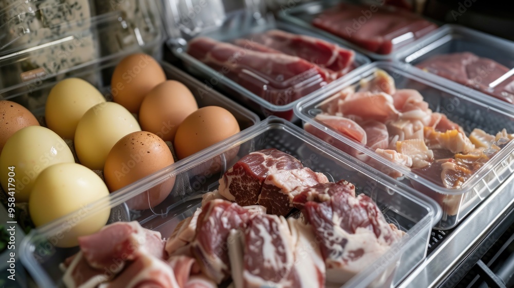 meal prep for a week of carnivore diet, with neatly organized portions of meat, eggs, and cheese, ready for consumption meal prep for a week of carnivore diet, with neatly organized portions of meat, eggs, and cheese, ready for consumption