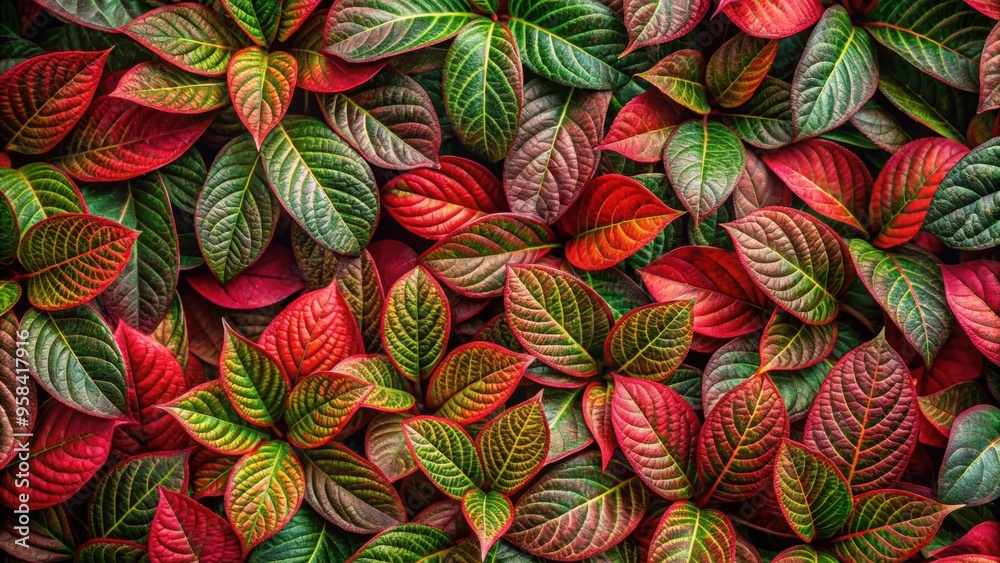 Fototapeta premium Vibrant red and green leaves pattern, foliage, nature, vibrant, colorful, botanical, tropical, lush, background, flora, summer