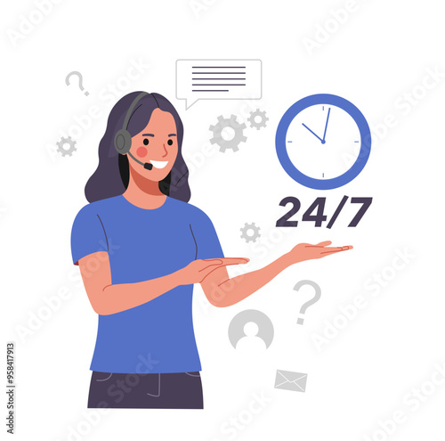 Concept illustration of 24 7 support service. Vector illustration.