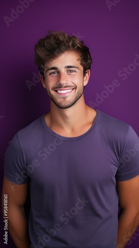 Purple background Happy european white man realistic person portrait of young beautiful Smiling man good mood Isolated