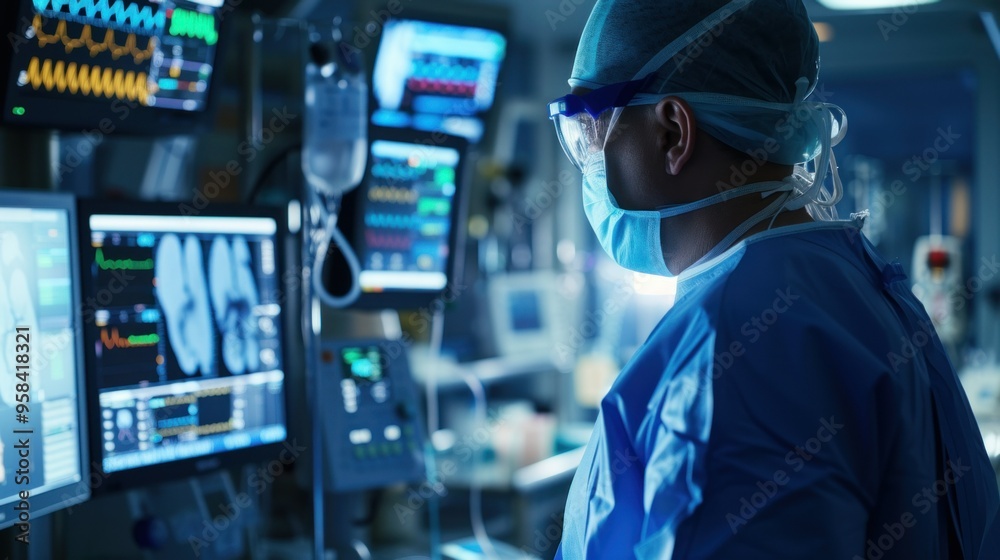 A skilled surgeon is intently focused on a monitor in the operating room A skilled surgeon is intently focused on a monitor in the operating room