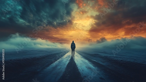 A silhouette walks toward the bright sky on a foggy road, enveloped in the mystery of dawn.