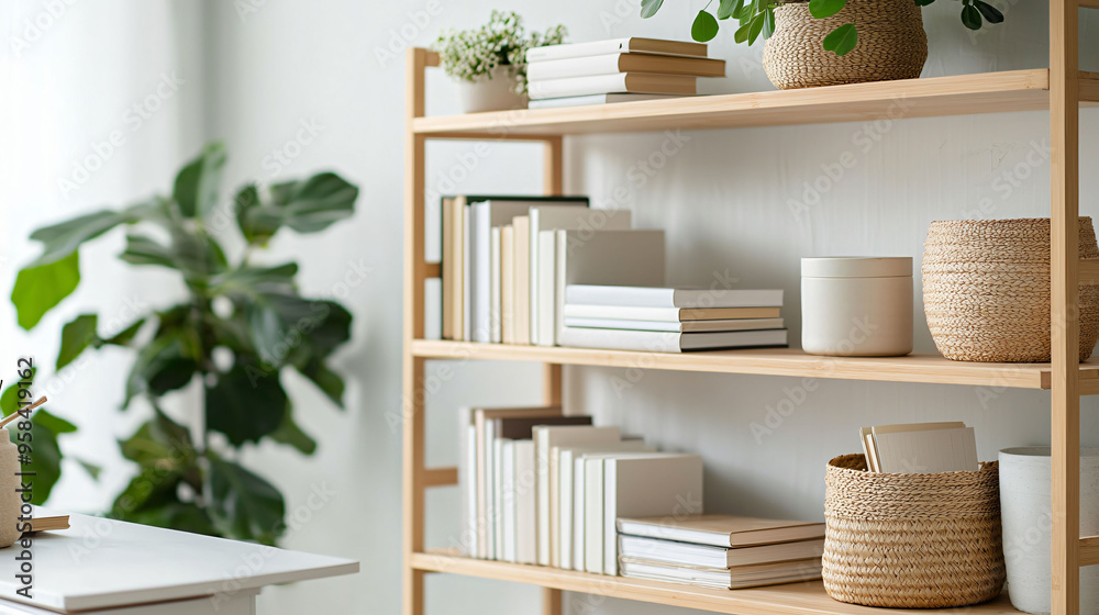 A stylish bamboo shelving unit with smooth finish, displaying neatly arranged books and decorative items, enhances serene atmosphere of room.