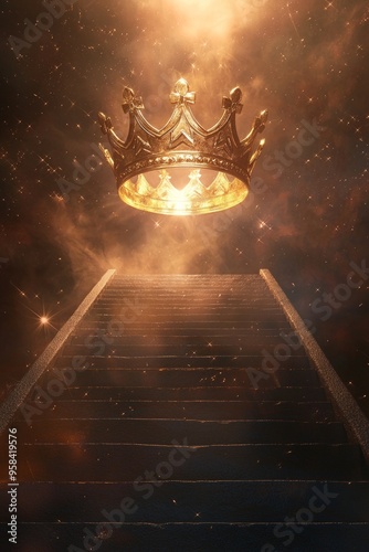 A 3D crown hovering over a staircase leading to the top, symbolizing the journey to becoming a champion. 