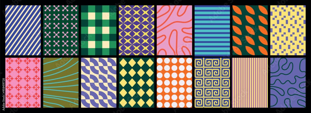 collection of textured vector backgrounds with simple and fun repeating patterns. Abstract colorful funky backgrounds for cards, posters, covers, banners, or branding.