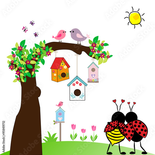 Paisaje con arbol con nidos de aves  y mariquitas.