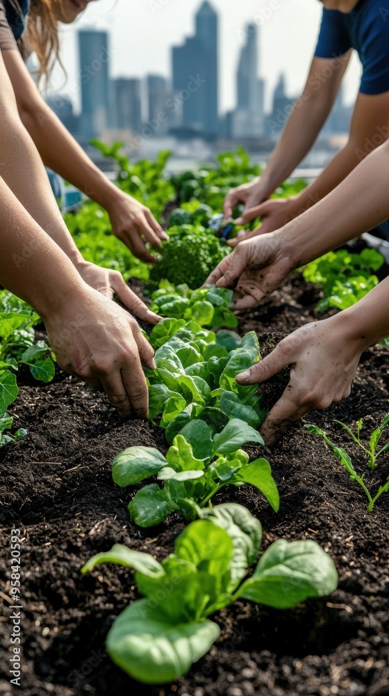 Community garden with people planting, watering, and harvesting vegetables, vibrant city in the background, realistic photograph, Community garden with people planting, watering, and harvesting vegetables, vibrant city in the background, realistic photograph,