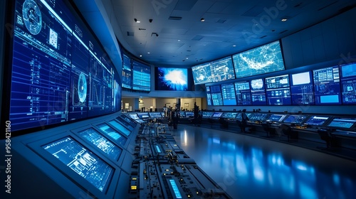 Automated Space Command Center Monitoring Mission Progress on Large Screens