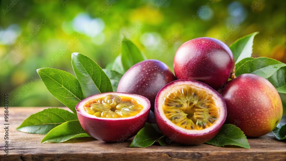 Passion fruit on stems with green leaves , passion fruit, tropical, vine, fresh, ripe, exotic, juicy, organic, natural Passion fruit on stems with green leaves , passion fruit, tropical, vine, fresh, ripe, exotic, juicy, organic, natural