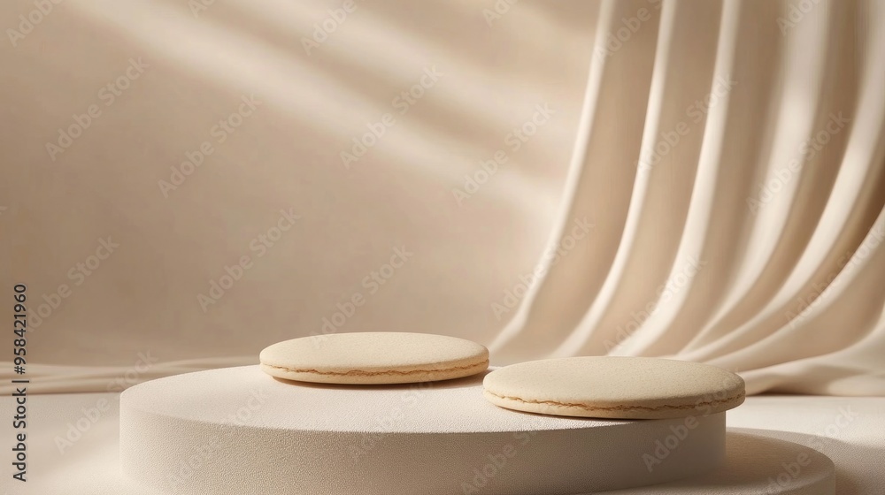 Abstract background featuring cookie shaped podiums with subtle lines on a neutral backdrop 3D rendering