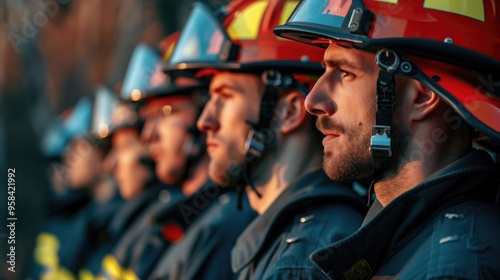 Focused team of firefighters in helmets standing in line.