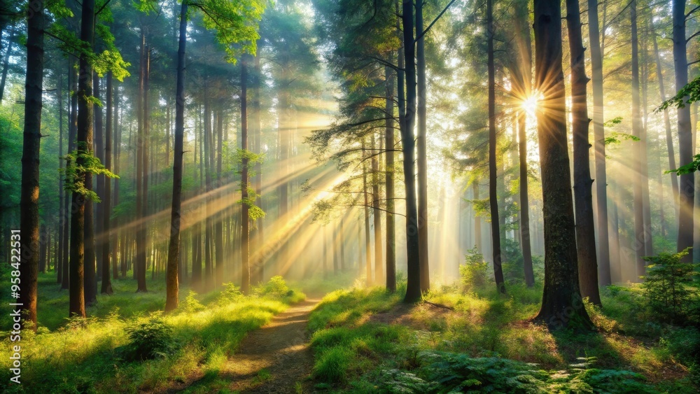 Serene forest scene with morning mist and sunlight filtering through trees, forest, serene, scene, morning, mist Serene forest scene with morning mist and sunlight filtering through trees, forest, serene, scene, morning, mist