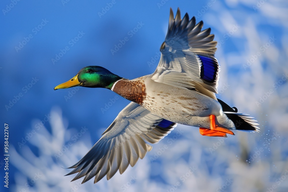 Fototapeta premium Mallard: Male Duck in Flight, Drak Anas Platyrhynchos Beautiful Bird in Canada