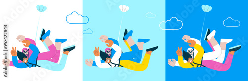 Cheerful flying female show piece sign gesture and male, perform tandem skydiving jump. Extreme sport activities. Modern flat vector illustration.