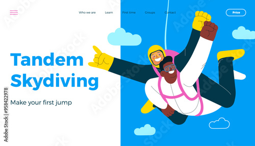 Cheerful flying males perform tandem skydiving jump, male perform superman pose. Extreme sport activities. Modern flat vector illustration. Tandem skydiving. Landing page and website banner template.