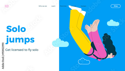 Cheerful flying female perform solo skydiving jump. Extreme sport activities. Modern flat vector illustration. Solo jump. Landing page and website banner template.