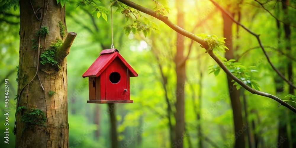 Red birdhouse perched on a tree branch in a lush green forest setting, birdhouse, red, tree, forest, nature, outdoors, rustic Red birdhouse perched on a tree branch in a lush green forest setting, birdhouse, red, tree, forest, nature, outdoors, rustic