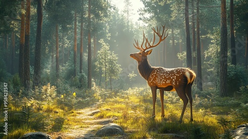 Majestic stag standing in a sunlit forest, surrounded by lush greenery, creating a serene and peaceful atmosphere.