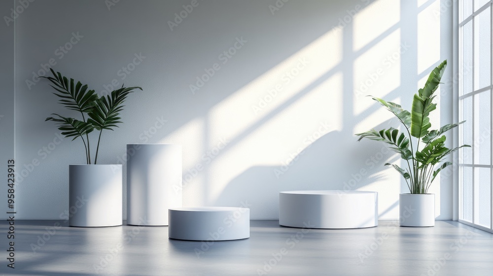 Studio space featuring a set of cylindrical podiums for product displays 3D rendering Studio space featuring a set of cylindrical podiums for product displays 3D rendering