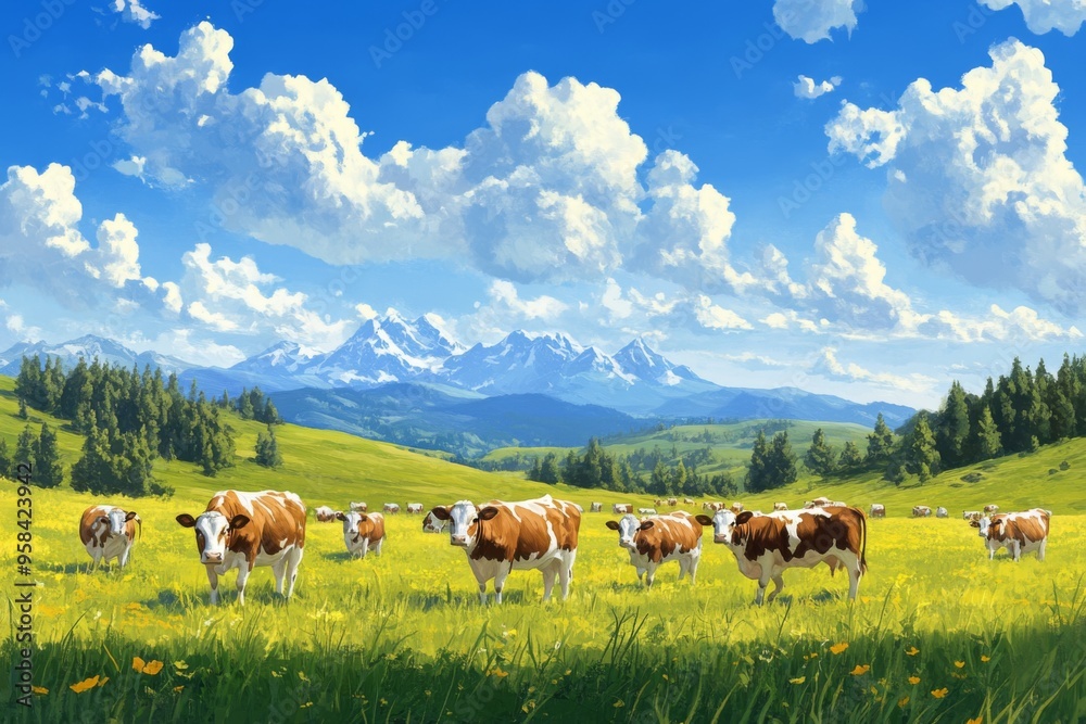 Cows are peacefully Grazing Under a Bright and Clear Blue Sky in a Serene Pasture Scene Cows are peacefully Grazing Under a Bright and Clear Blue Sky in a Serene Pasture Scene