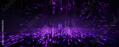 Purple binary code on dark, creating an atmosphere of data technology and cyber security. Focus on the binary number texture with copy space for photo text 