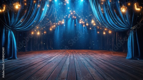 Expansive Circus Stage with Velvet Curtains Drawn Back Revealing a Spotlight-Lit Wooden Floor – Ideal for Background, Banner, Card, Poster