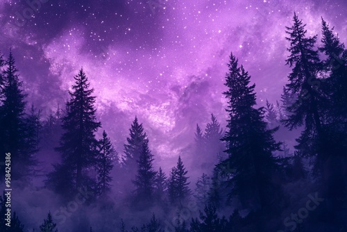 Enchanted Purple Forest at Twilight with Starry Sky