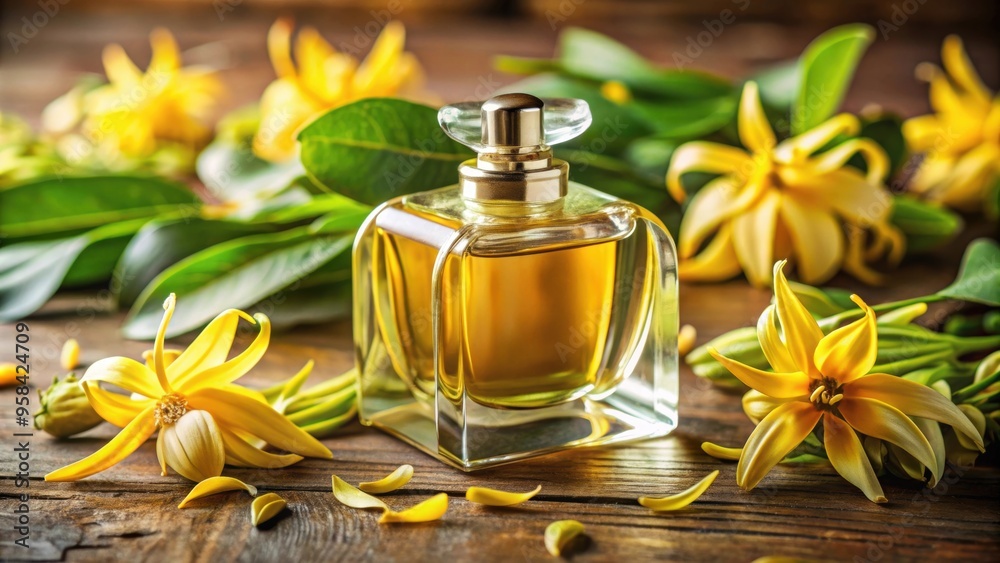 Ylang-ylang perfume in a luxurious glass bottle surrounded by floral and fruity notes Ylang-ylang perfume in a luxurious glass bottle surrounded by floral and fruity notes