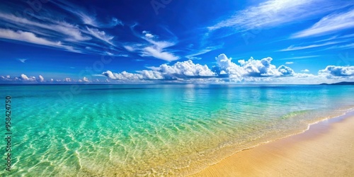 Tranquil beach scene with clear blue water, beach, blue sea, calm water, waves, serene, relaxation, peaceful, ocean