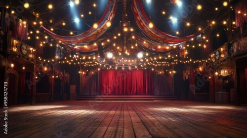 Expansive Circus Stage with Velvet Curtains Drawn Back Revealing a Spotlight-Lit Wooden Floor – Ideal for Background, Banner, Card, Poster