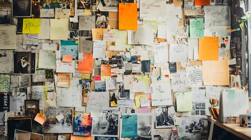 Fototapeta premium A bulletin board covered in colorful posters and notes, with pushpins holding everything in place.