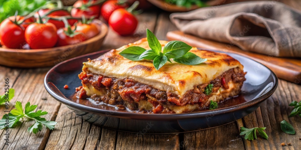 Traditional Greek moussaka on rustic restaurant table, Greek, moussaka, traditional, Mediterranean, layers, rich, flavorful Traditional Greek moussaka on rustic restaurant table, Greek, moussaka, traditional, Mediterranean, layers, rich, flavorful
