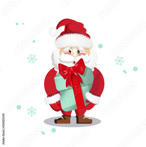 santa claus with merry christmas gift box, red, happy new year  ribbbon, winter holiday photo