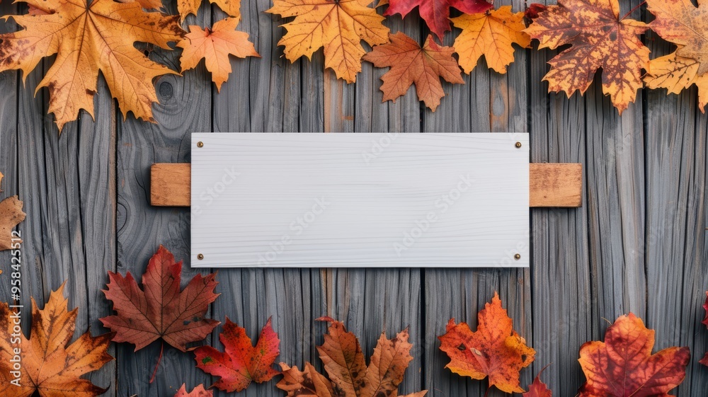 Obraz premium A rustic wooden background adorned with vibrant autumn leaves, featuring a blank sign for customizable text or messages.