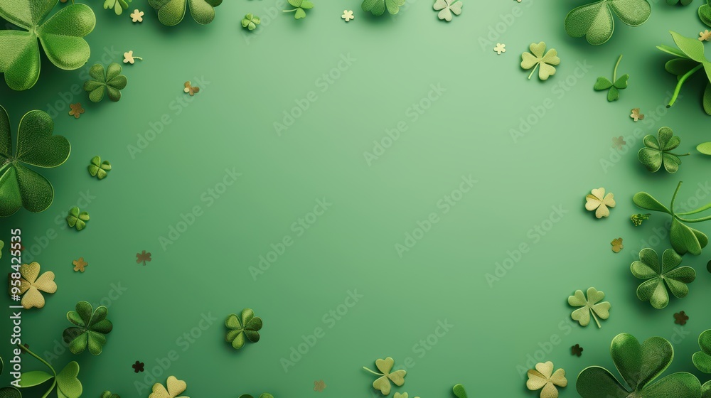St. Patrick's Day Background with Green and Gold Shamrocks on a Green Surface St. Patrick's Day Background with Green and Gold Shamrocks on a Green Surface