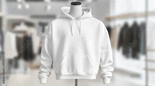 Front and back view of a plain white hoodie on a mannequin, isolated against a blurred clothing store background. Ideal for showcasing apparel designs, fashion retail, or branding mockups.