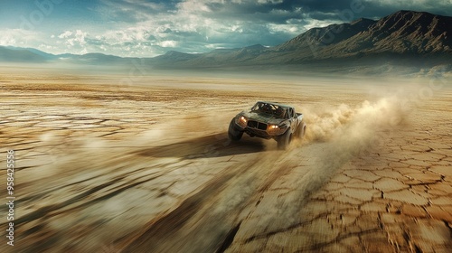 A desert truck drives on a dirt road in the desert.