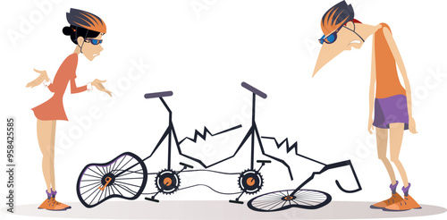 Two cyclist. Broken tandem bike. 
Man and woman stand near a broken tandem bicycle. Black and white illustration

