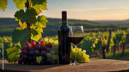The essence of relaxation with wine, grapes, and a picturesque vineyard view